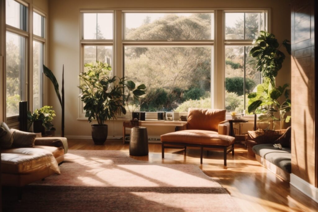 San Francisco home interior with tinted windows and sunlight filtering