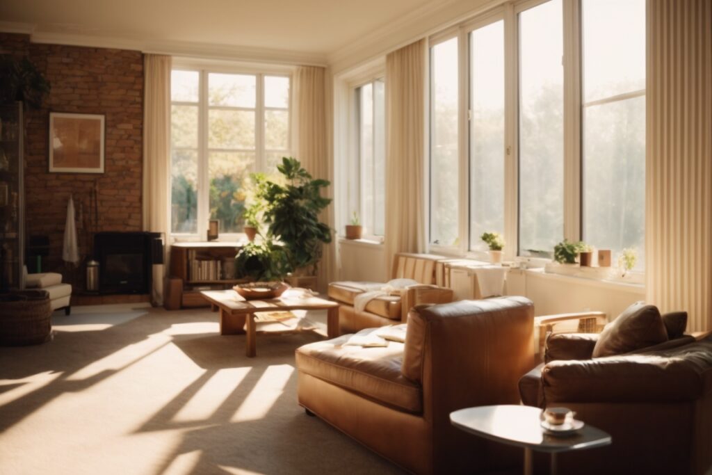 Living room with intense sunlight glare filtering through windows