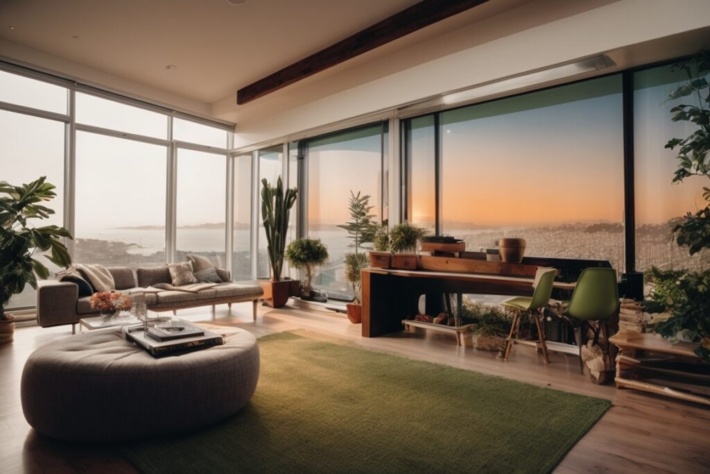 San Francisco home interior with spectrally selective window film, cool and brightly lit