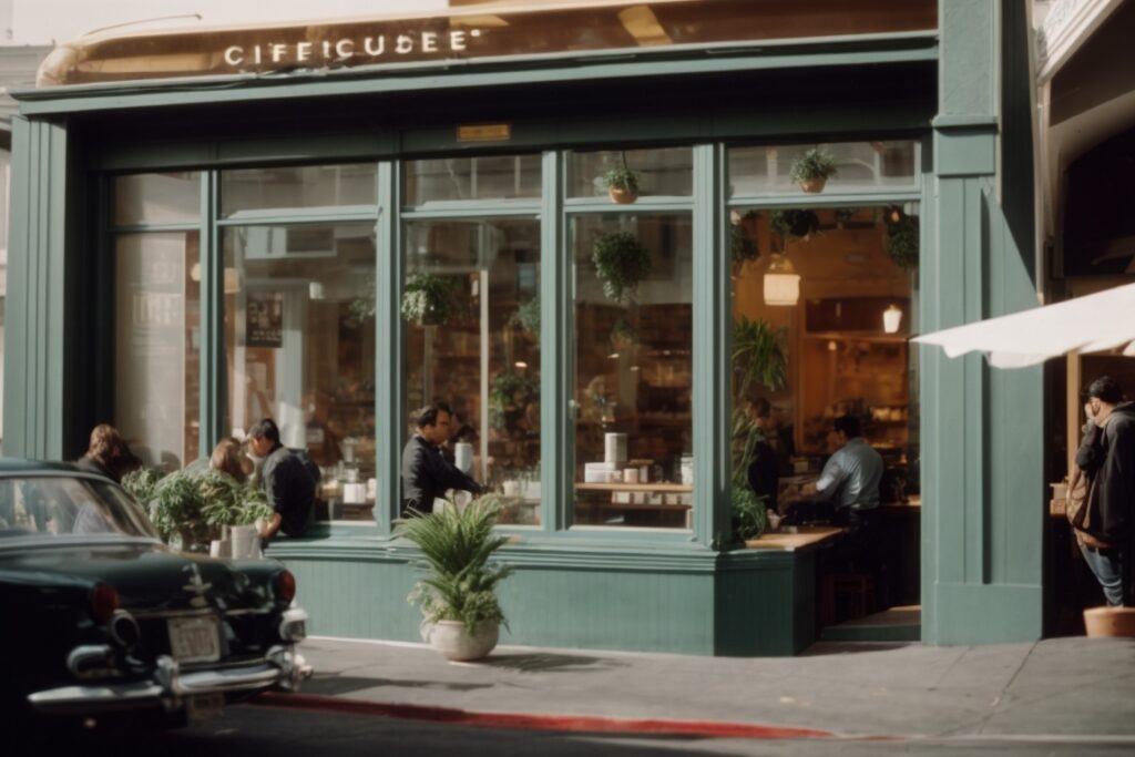 San Francisco coffee shop with frosted window film, indoor plants, and customers enjoying coffee