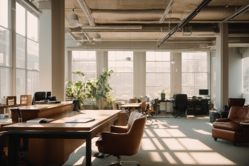 San Francisco office interior with sunlight and faded furnishings