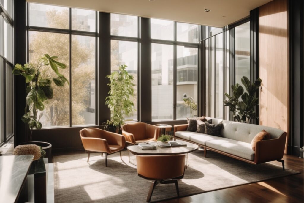 Interior office space with elegant window tinting, soft natural light, and modern furnishings in San Francisco