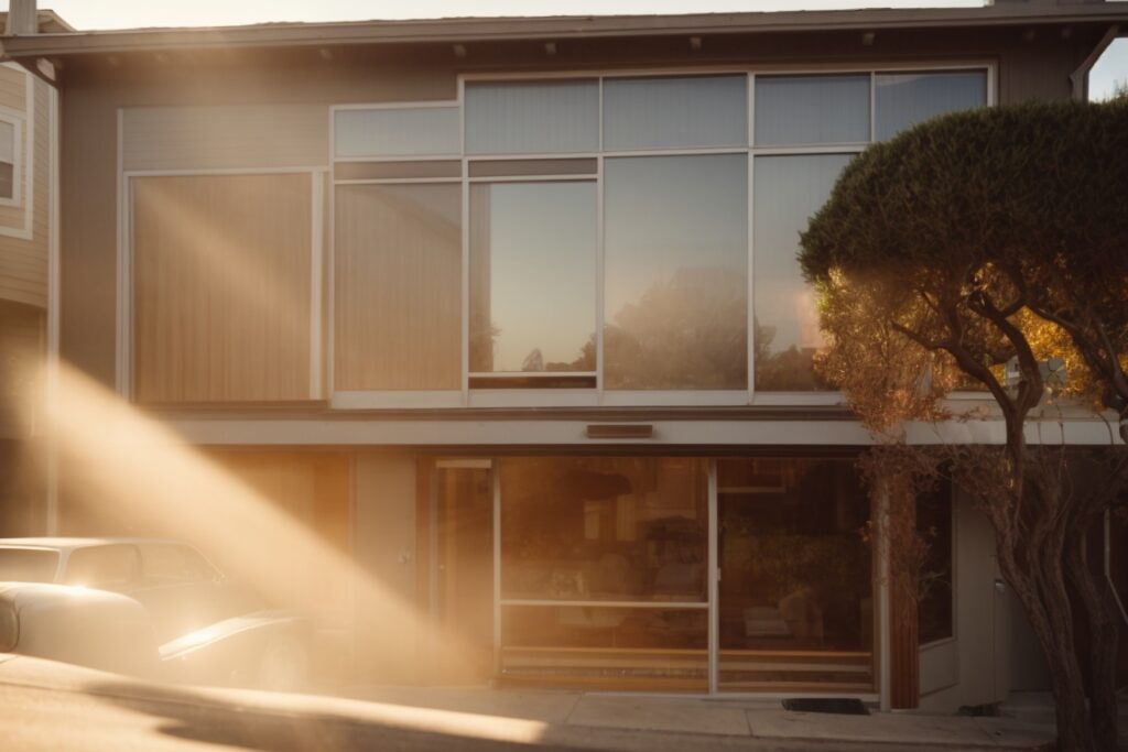 San Francisco home with opaque window film, warm sunlight filtering through