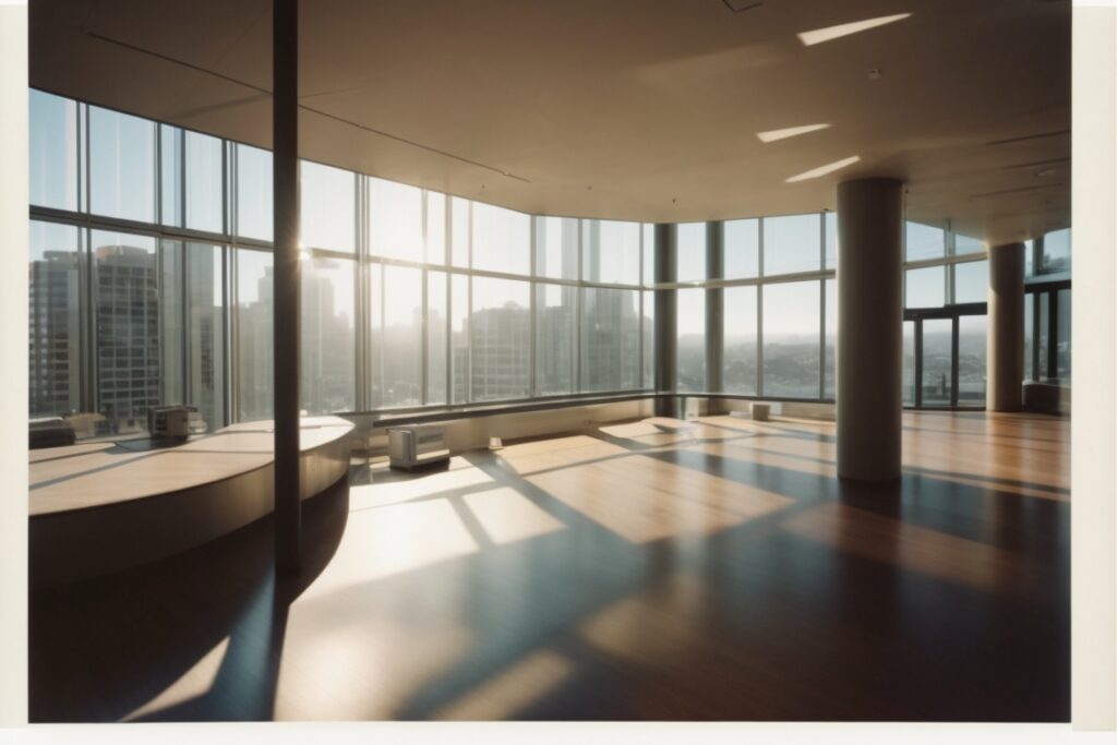 modern building with solar window film in San Francisco, sunlight filtered through windows