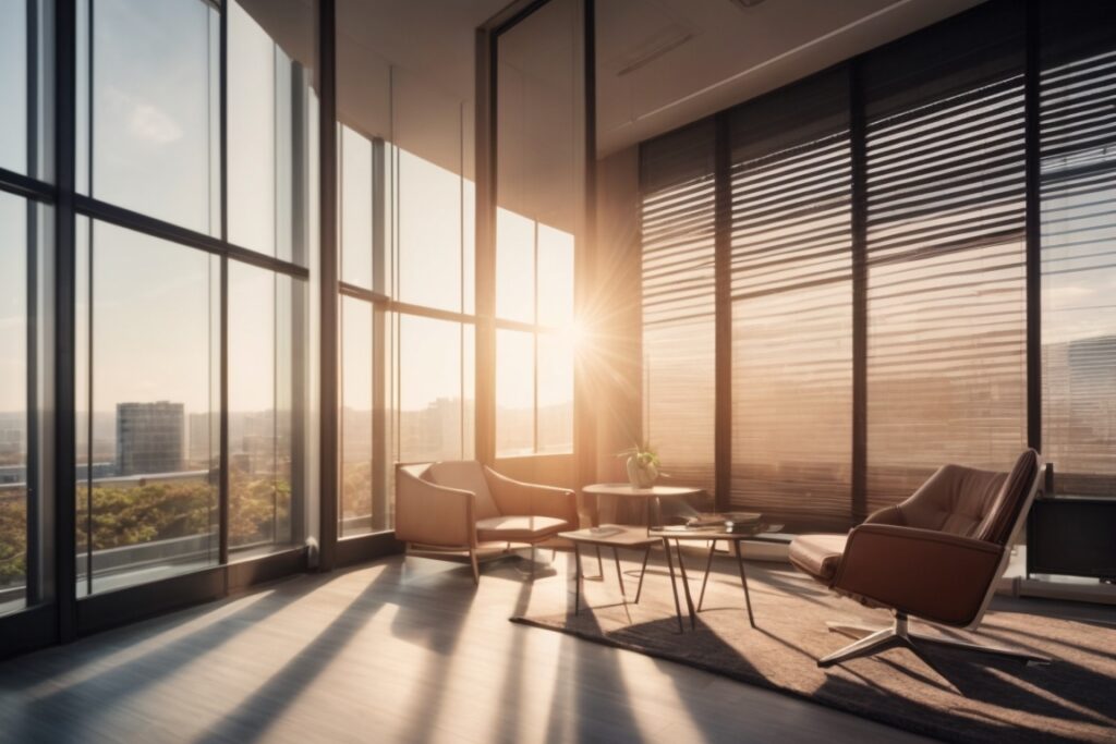 modern office with solar window film installation, comfortable interior setting, sunlit with blocked UV rays