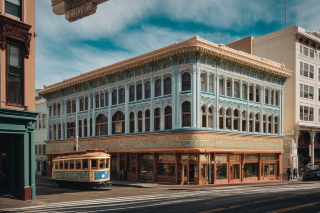 Historic San Francisco building with vibrant interior murals and window tinting