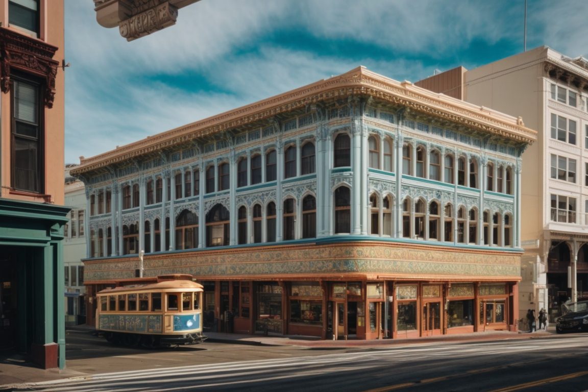 Historic San Francisco building with vibrant interior murals and window tinting