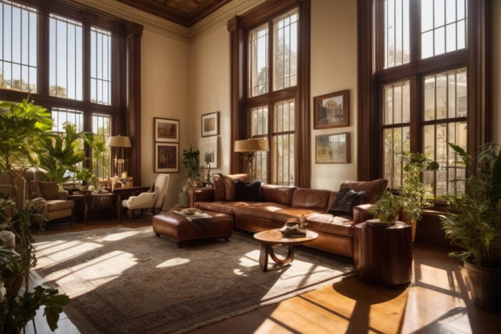 San Francisco historic home interior with large windows showing sunlight effects and heat reduction film