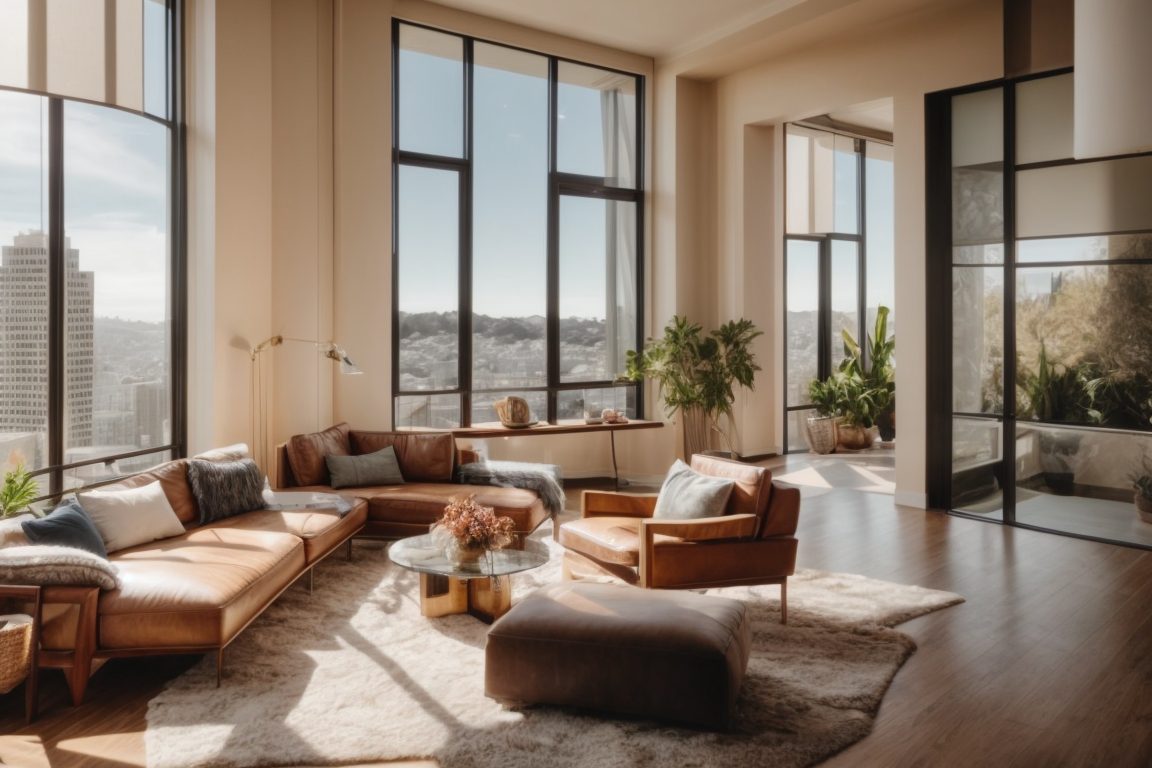 San Francisco home interior with large windows, UV ray depiction, heat blocking window film installed