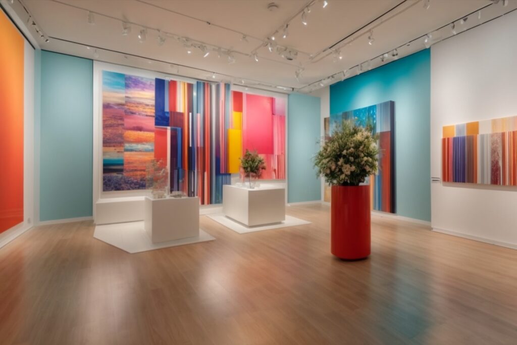 San Francisco art gallery interior with UV protection window film showcasing vibrant artwork