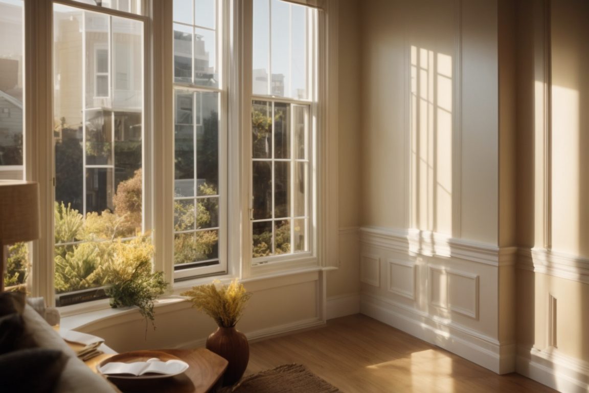 San Francisco home interior with opaque window films, sunlight filtering through