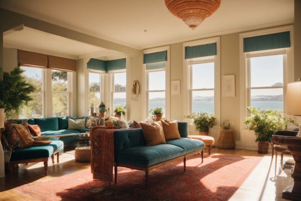 San Francisco home interior with vibrant furnishings under sunlight, faded areas visible