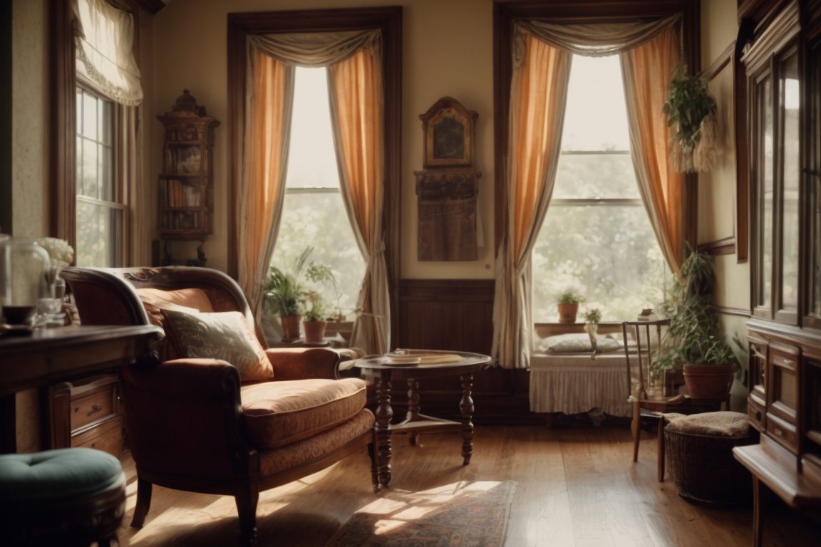 Victorian home interior with UV protection window film, faded furniture, and vintage textiles